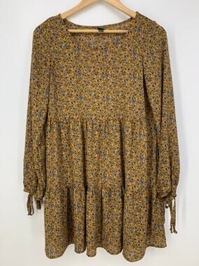 Wild Fable Burnt Orange Floral Boho Long Tie Sleeve Tiered Mini Tunic Dress Sz S